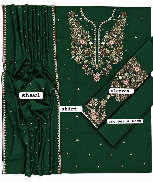Batik Embroidered Dhanak 3 Piece Unstitched Suit | Embroidered Dhanak Shawl