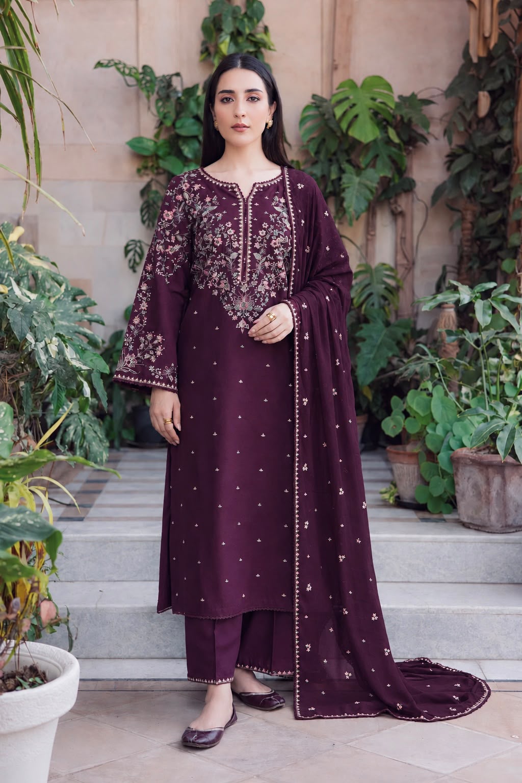 Batik Embroidered Dhanak 3 Piece Unstitched Suit | Embroidered Dhanak Shawl