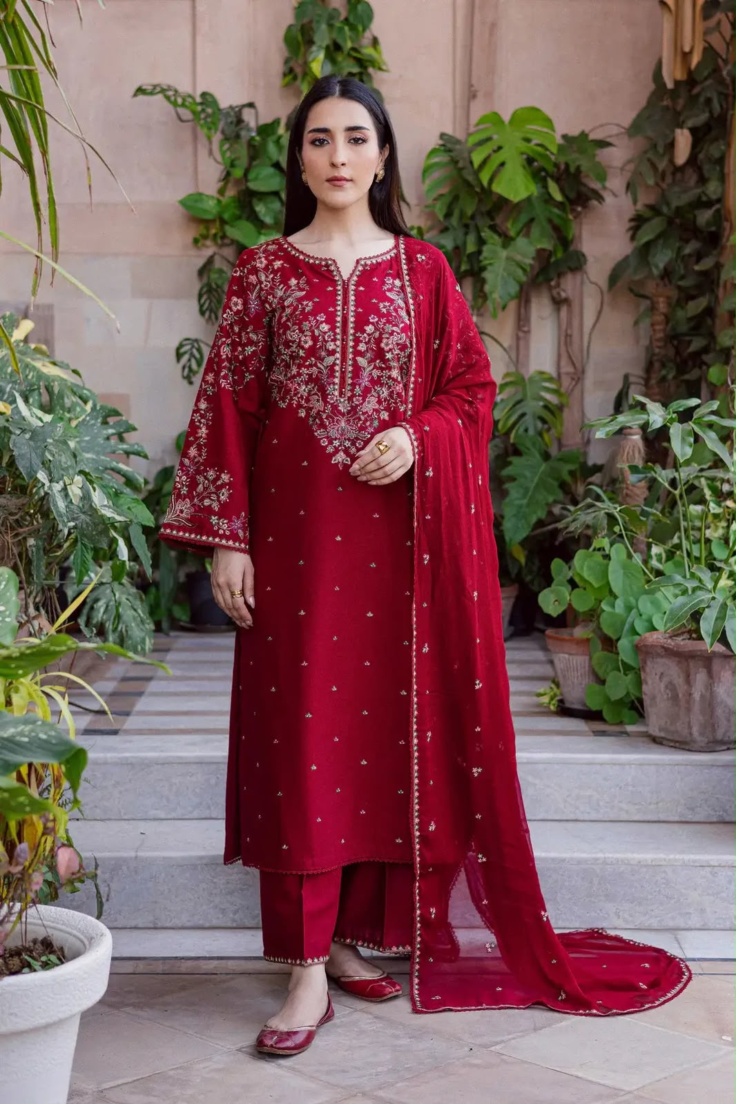 Batik Embroidered Dhanak 3 Piece Unstitched Suit | Embroidered Dhanak Shawl