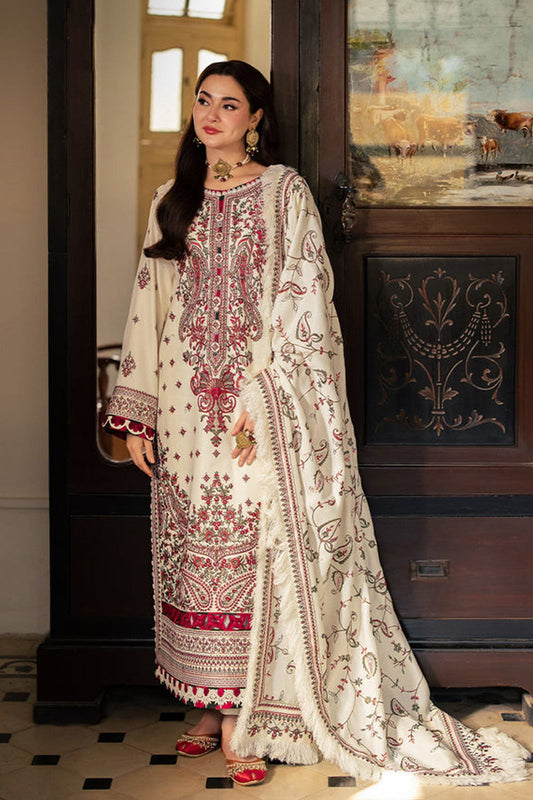 Asim Jofa ANG-2021 Embroidered Dhanak 3 Piece Unstitched Suit | Ivory & Maroon Embroidered Wool Shawl