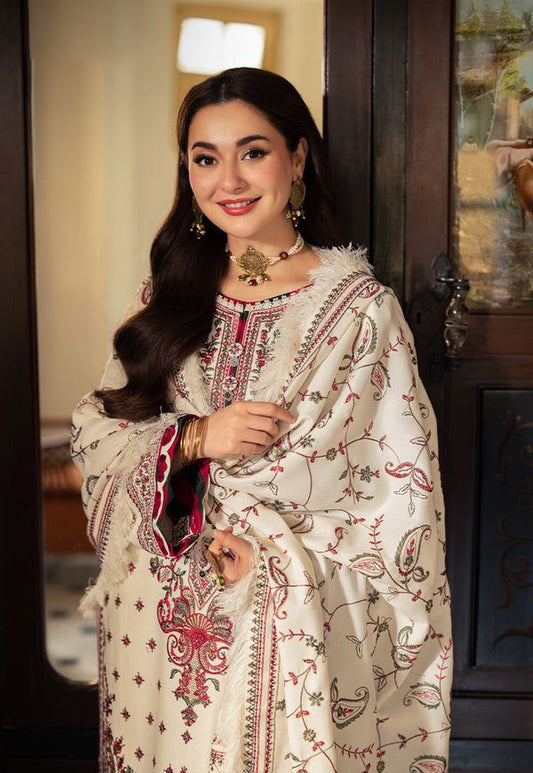 Asim Jofa ANG-2021 Embroidered Dhanak 3 Piece Unstitched Suit | Ivory & Maroon Embroidered Wool Shawl