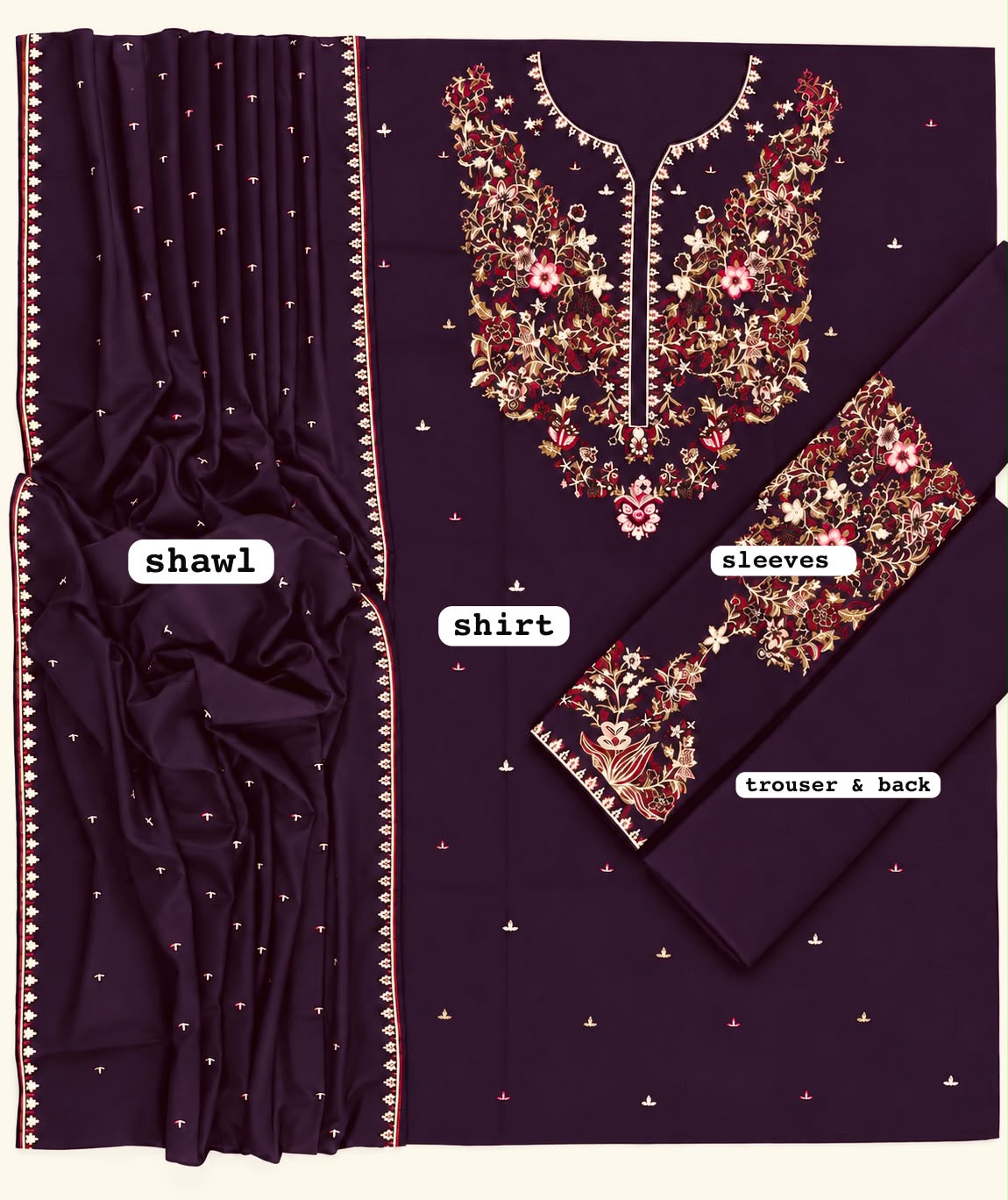 Batik Embroidered Dhanak 3 Piece Unstitched Suit | Embroidered Dhanak Shawl