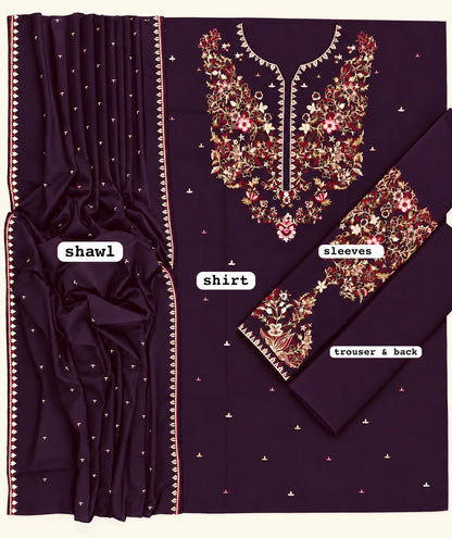 Batik Embroidered Dhanak 3 Piece Unstitched Suit | Embroidered Dhanak Shawl