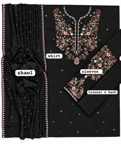 Batik Embroidered Dhanak 3 Piece Unstitched Suit | Embroidered Dhanak Shawl